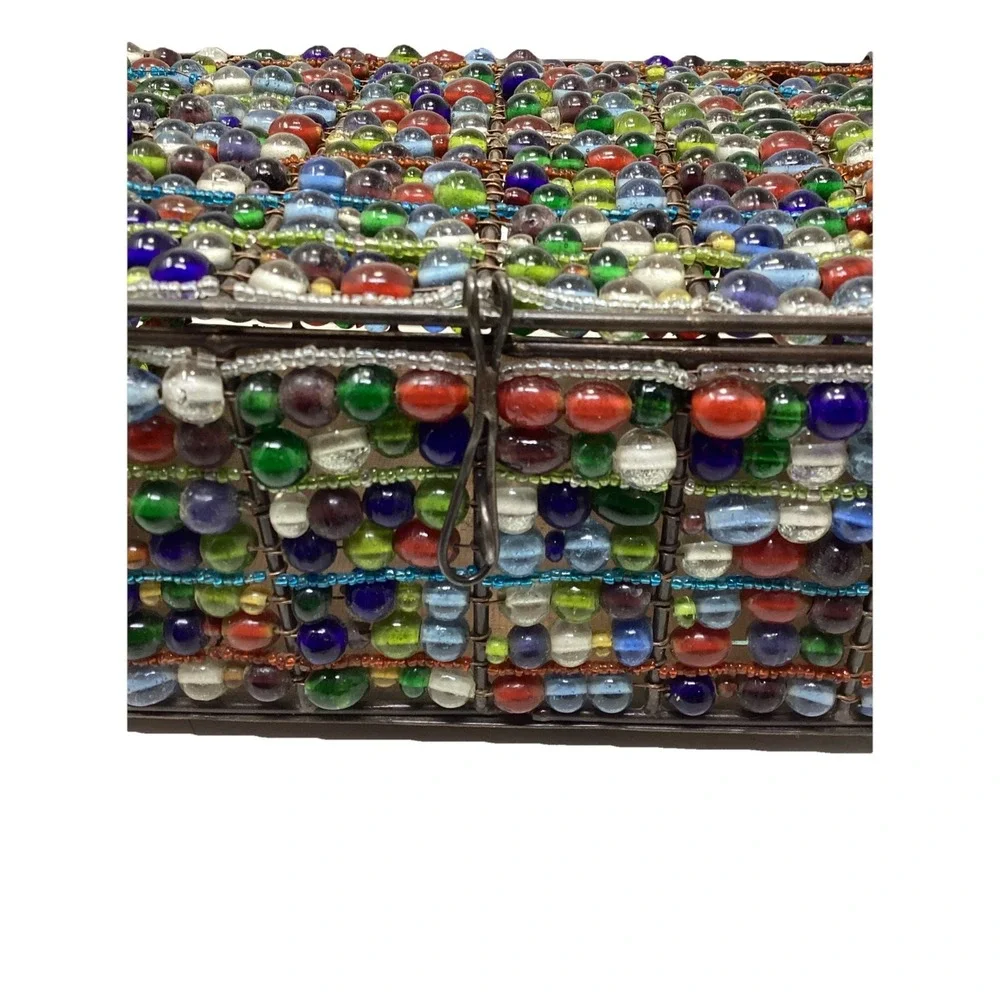 Colored Glass Hand Beaded Lidded Jewelry Trinket Copper Lidded Box 8x6x3